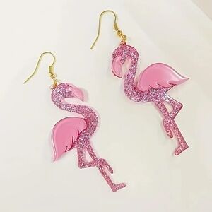 NEW Flamingo Sparkly Acrylic dangle Earrings Pink & Gold color - Boutique
